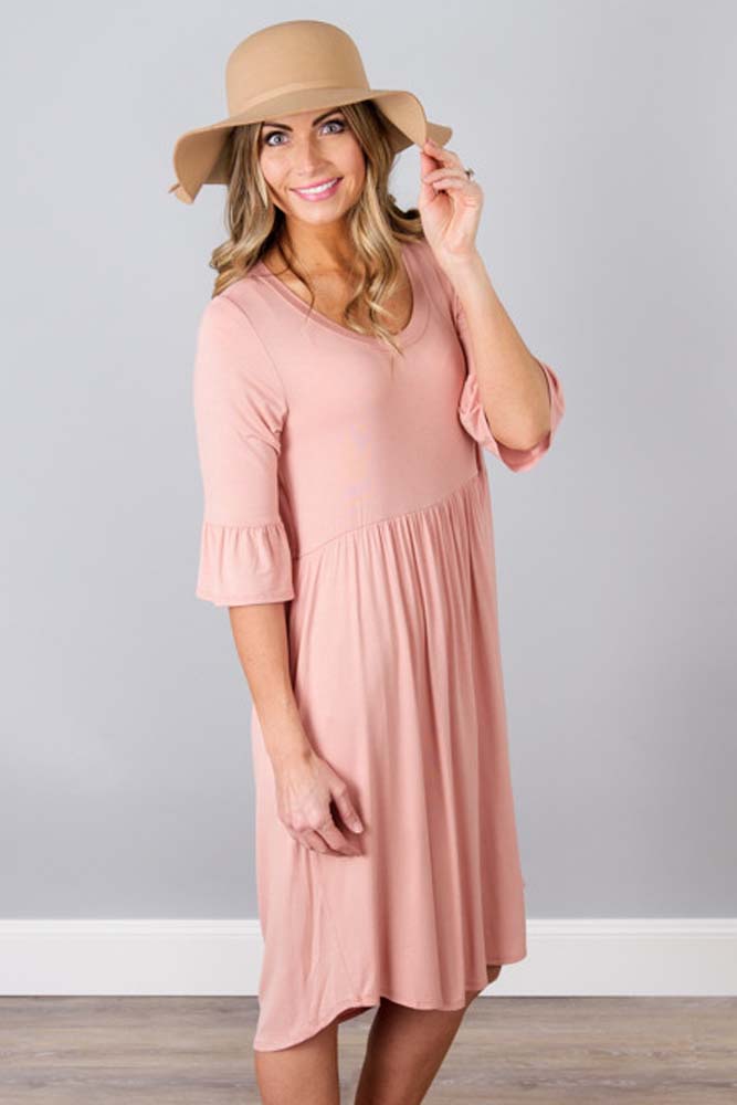 BY61652-10 Pink Ruffle Sleeve Midi Jersey Dress